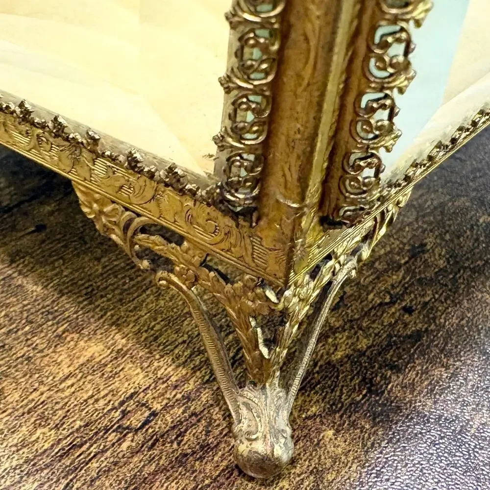 Vintage French Jewelry Box Footed Casket Ormulu Filigree Beveled Glass Regency